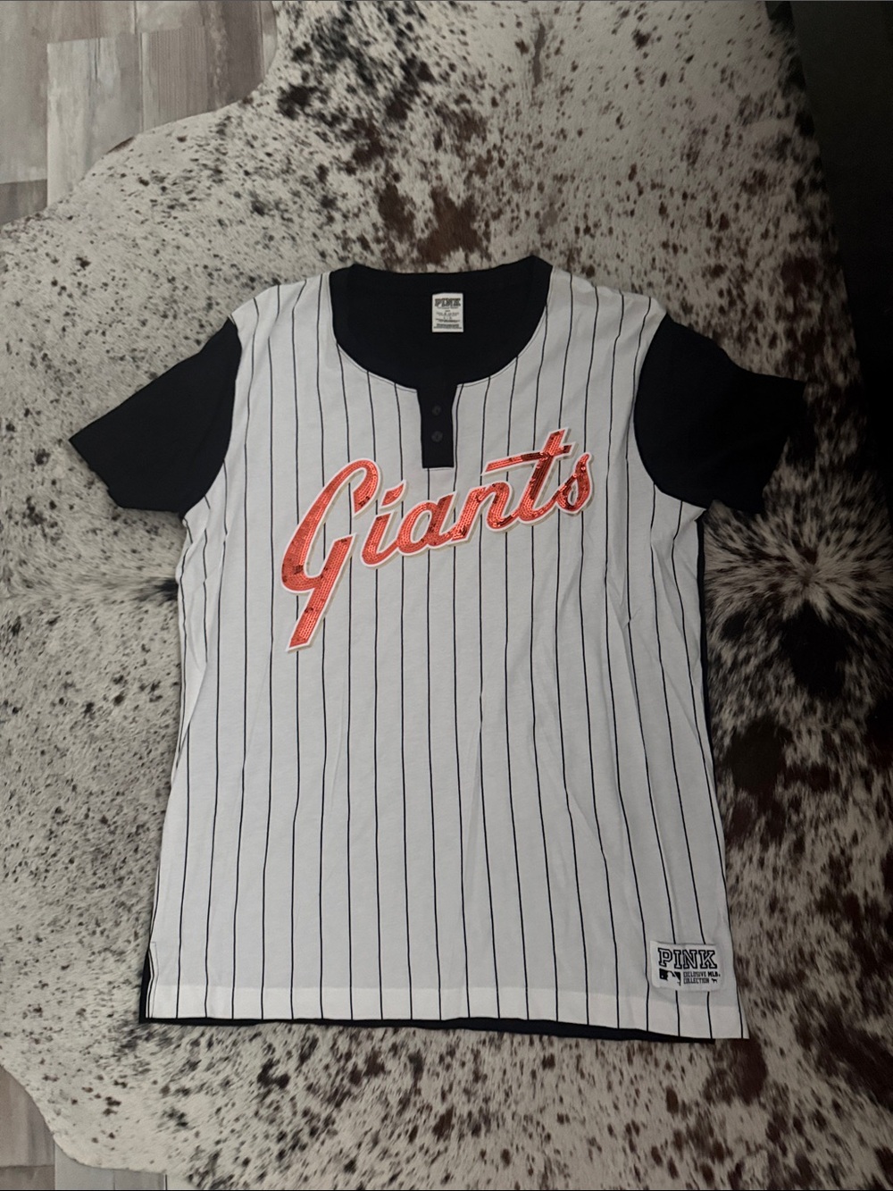 PINK Victoria's Secret Giants Striped Baseball Tee - White/Black/Orange